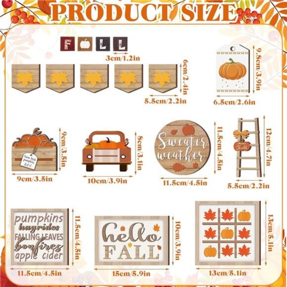 New 14‎ Pcs Fall Tiered Tray Decor Set - Rustic Farmhouse Pumpkin & Spice Blocks - Picture 2 of 7